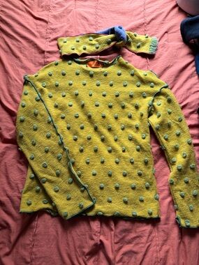 Anya Hindmarch Chartreuse Pom-Pom Crewneck Sweater with Teal Trim and Scarf